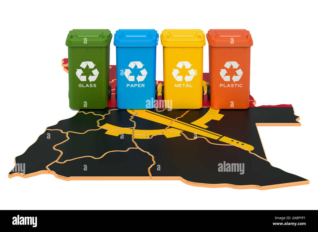 Recycling von Abfällen in Angola. Farbige Mülltonnen auf der Karte von Angola, 3D-Rendering auf weißem Hintergrund Stockfoto