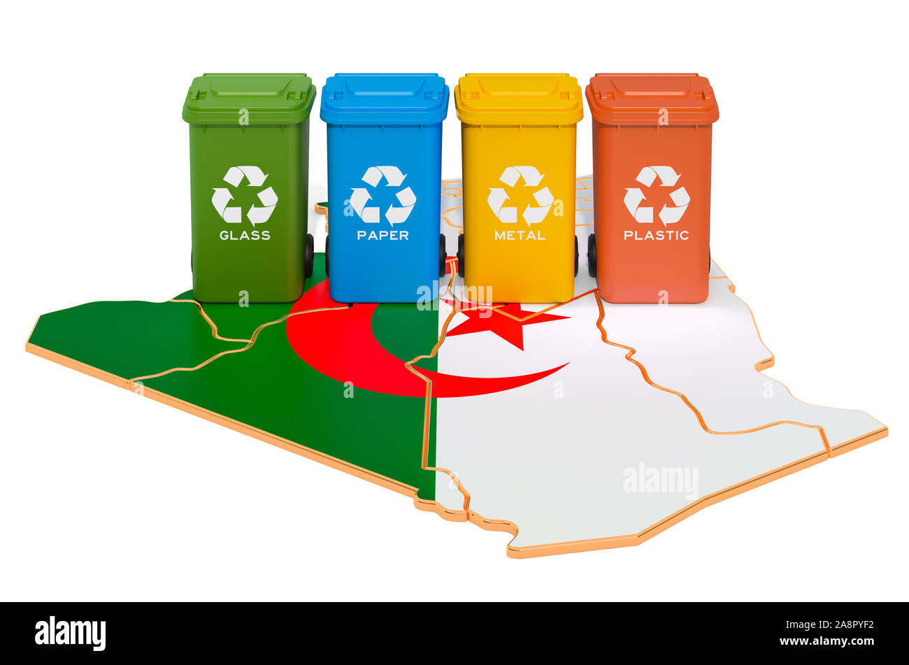 Recycling von Abfällen in Algerien. Farbige Mülltonnen auf der Karte von Algerien, 3D-Rendering auf weißem Hintergrund Stockfoto