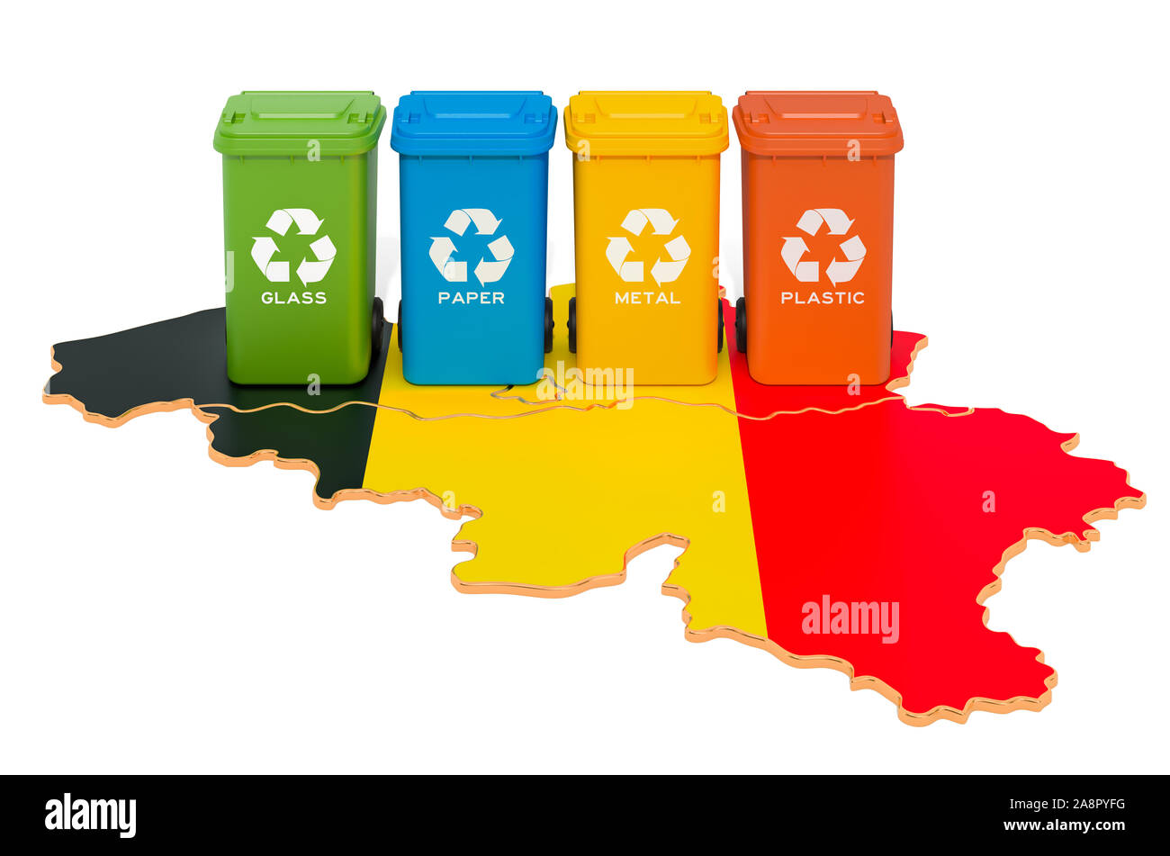 Recycling von Abfällen in Belgien. Farbige Mülltonnen auf der Karte von Belgien, 3D-Rendering auf weißem Hintergrund Stockfoto