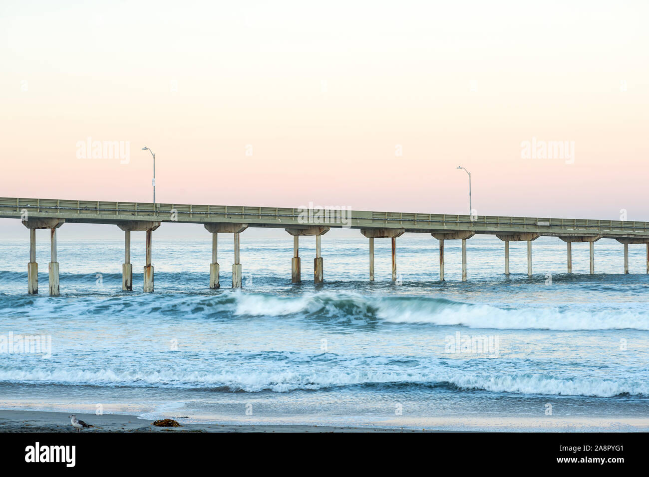 Ocean Beach Pier und Surfen bei Sonnenaufgang. San Diego, Kalifornien, USA. Stockfoto