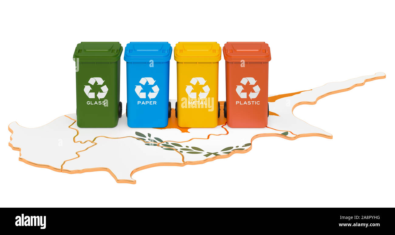 Recycling von Abfällen in Zypern. Farbige Mülltonnen auf der Karte von Zypern, 3D-Rendering auf weißem Hintergrund Stockfoto