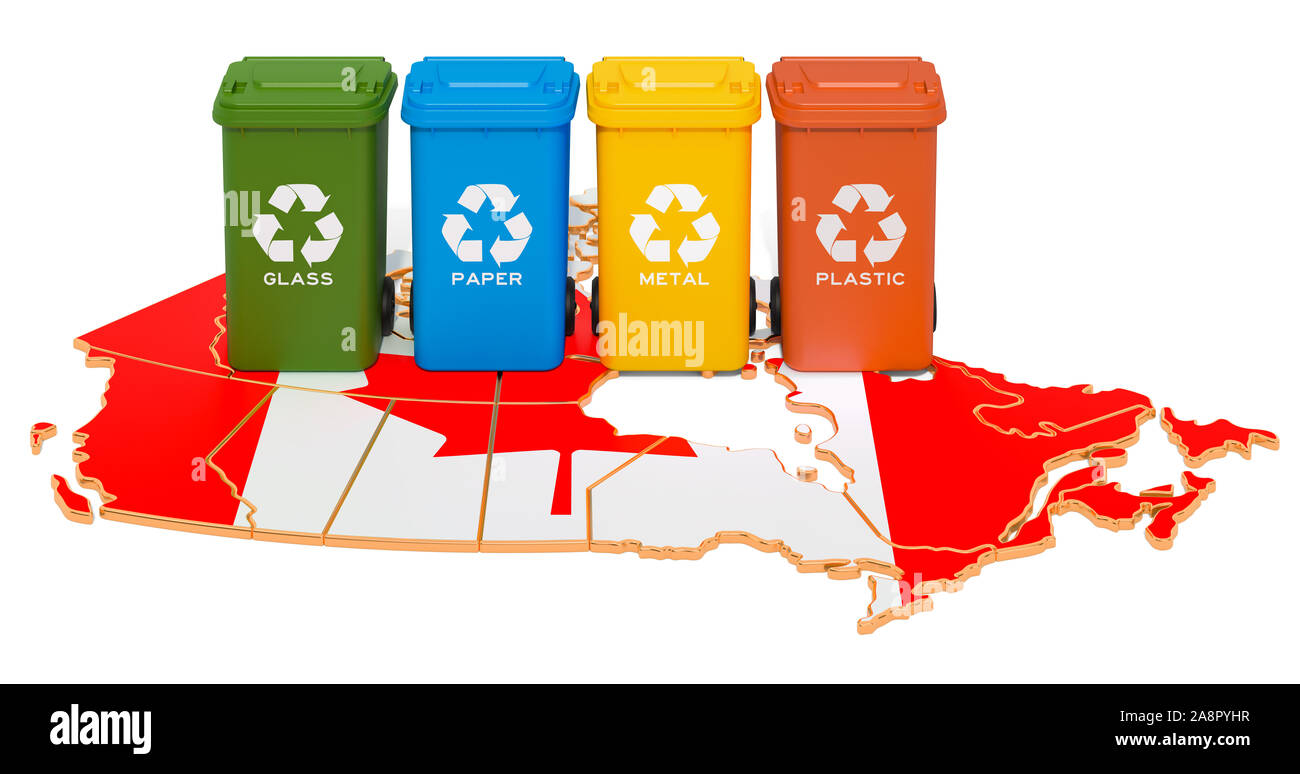 Recycling von Abfällen in Kanada. Farbige Mülltonnen auf der Karte von Kanada, 3D-Rendering auf weißem Hintergrund Stockfoto
