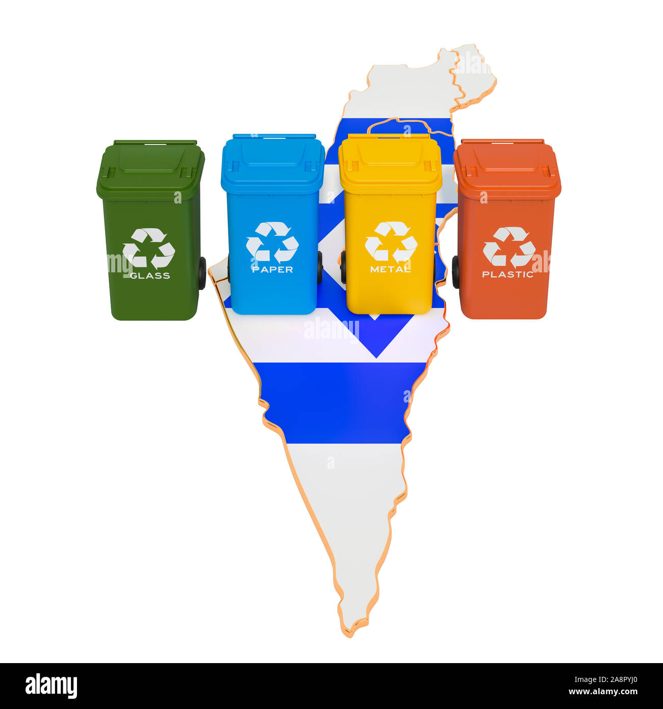 Recycling von Abfällen in Israel. Farbige Mülltonnen auf der Karte von Israel, 3D-Rendering auf weißem Hintergrund Stockfoto