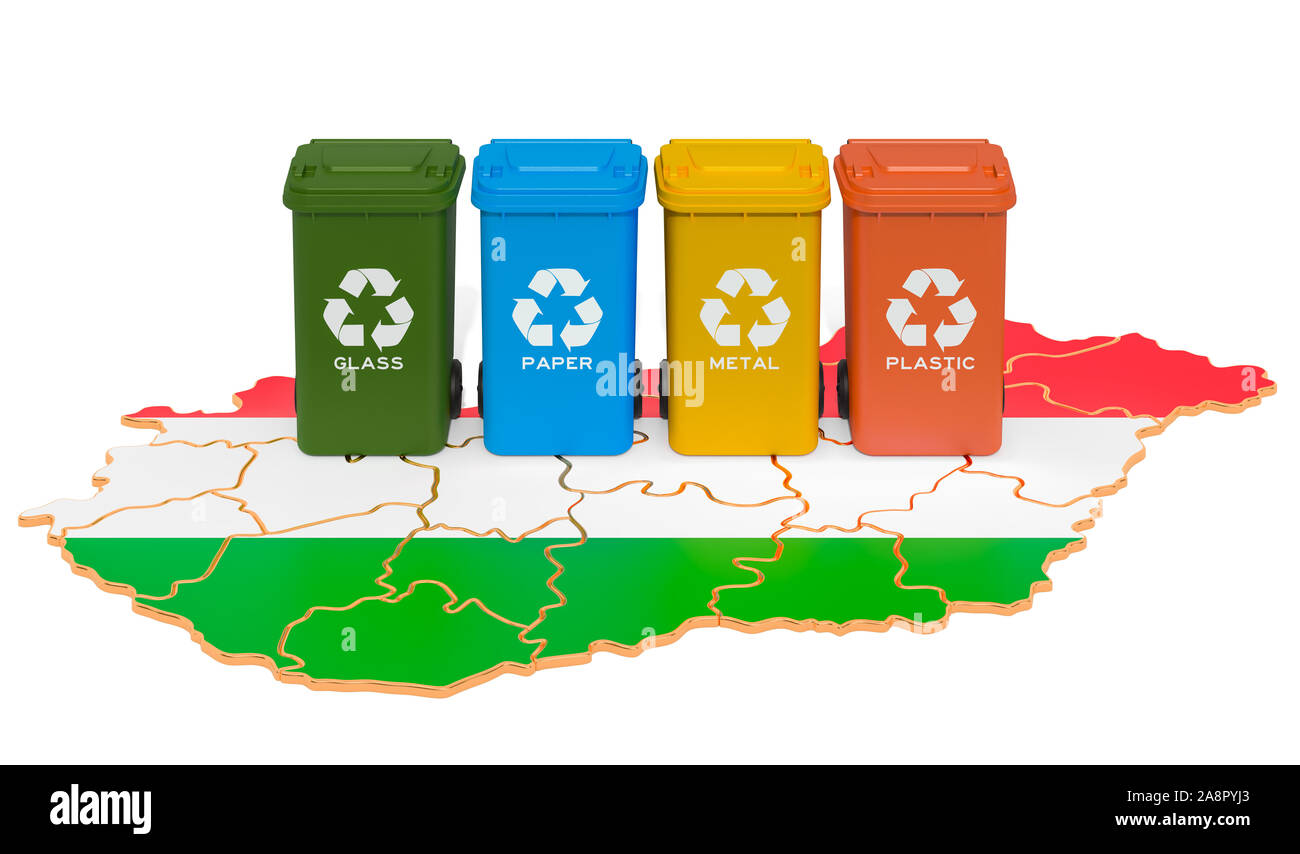 Recycling von Abfällen in Ungarn. Farbige Mülltonnen auf der Karte von Ungarn, 3D-Rendering auf weißem Hintergrund Stockfoto