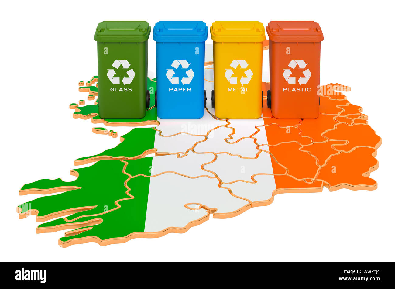 Recycling von Abfällen in Irland. Farbige Mülltonnen auf der Karte von Irland, 3D-Rendering auf weißem Hintergrund Stockfoto