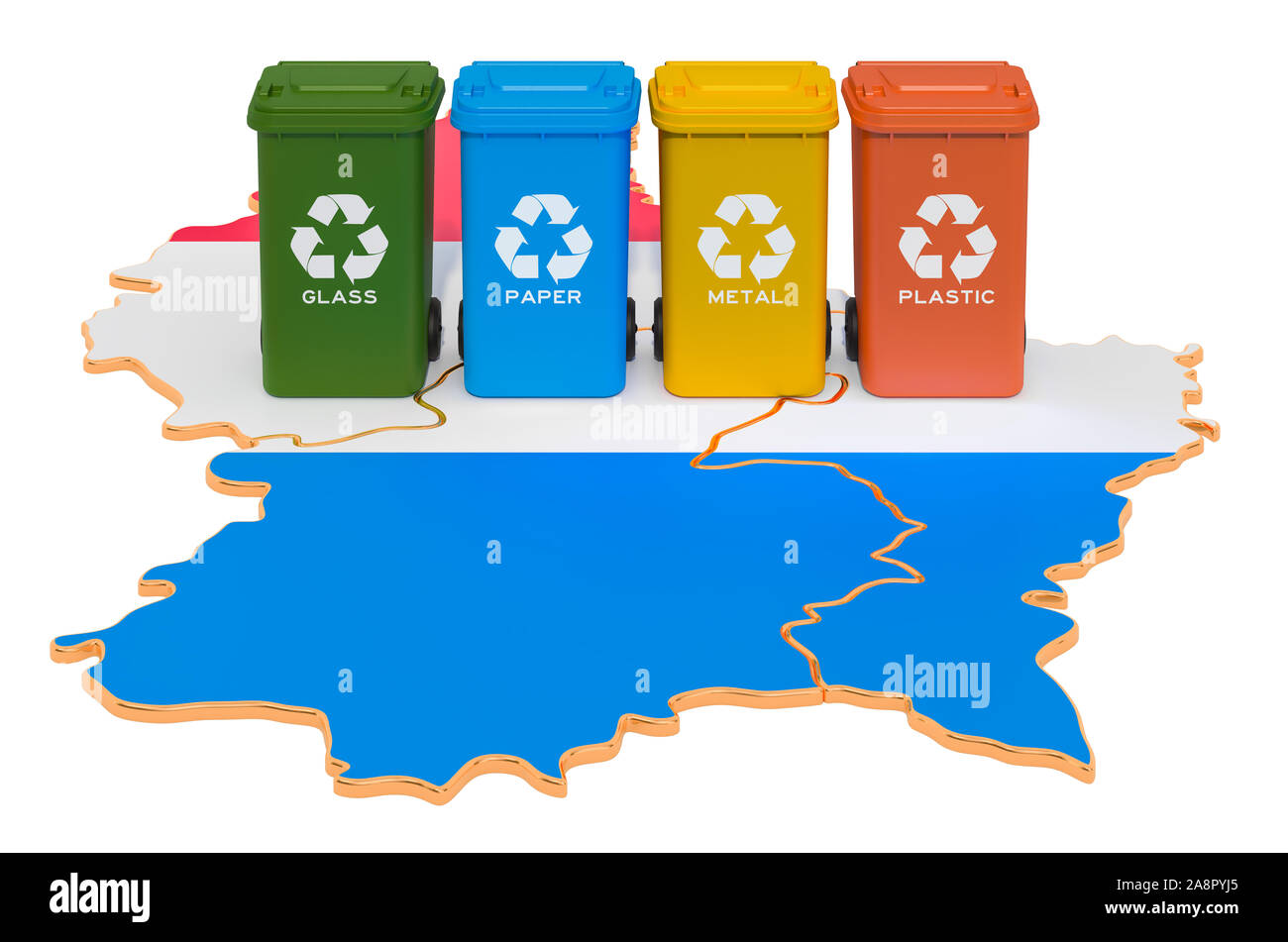 Recycling von Abfällen in Luxemburg. Farbige Mülltonnen auf der Karte von Luxemburg, 3D-Rendering auf weißem Hintergrund Stockfoto