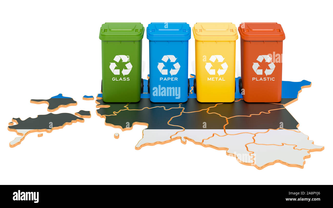 Recycling von Abfällen in Estland. Farbige Mülltonnen auf der Karte von Estland, 3D-Rendering auf weißem Hintergrund Stockfoto
