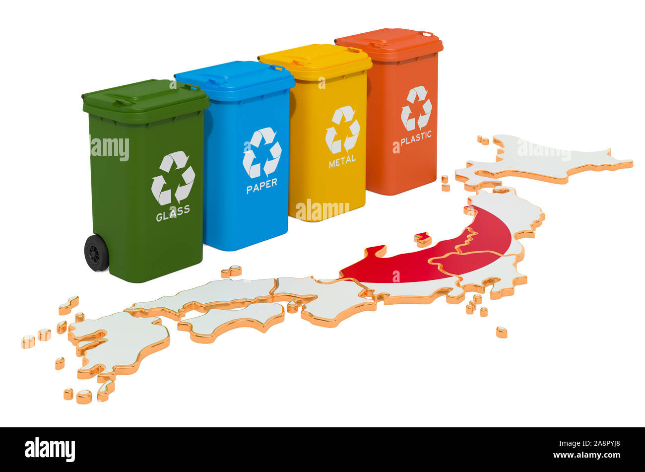 Recycling von Abfällen in Japan. Farbige Mülltonnen auf der Karte von Japan, 3D-Rendering auf weißem Hintergrund Stockfoto