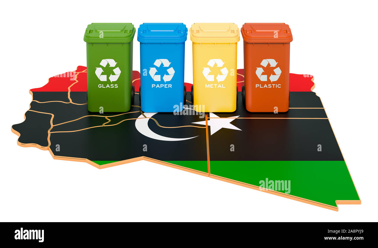 Recycling von Abfällen in Libyen. Farbige Mülltonnen auf der Karte von Libyen, 3D-Rendering auf weißem Hintergrund Stockfoto