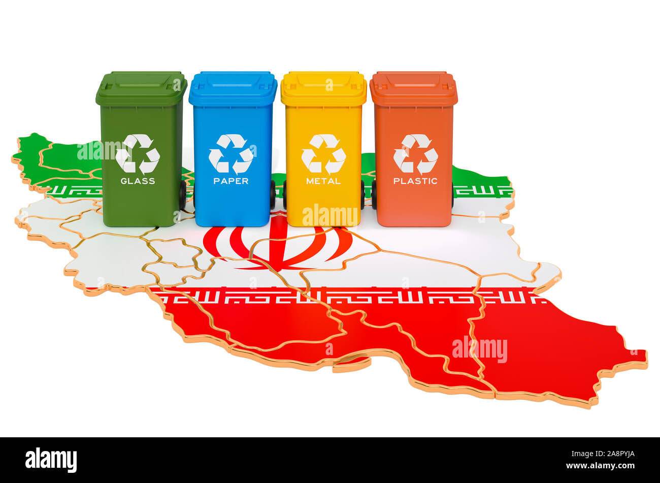 Recycling von Abfällen im Iran. Farbige Mülltonnen auf der Karte von Iran, 3D-Rendering auf weißem Hintergrund Stockfoto