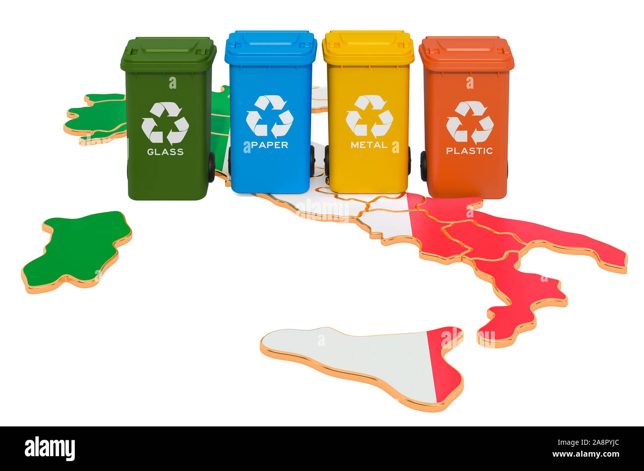 Recycling von Abfällen in Italien. Farbige Mülltonnen auf der Karte von Italien, 3D-Rendering auf weißem Hintergrund Stockfoto