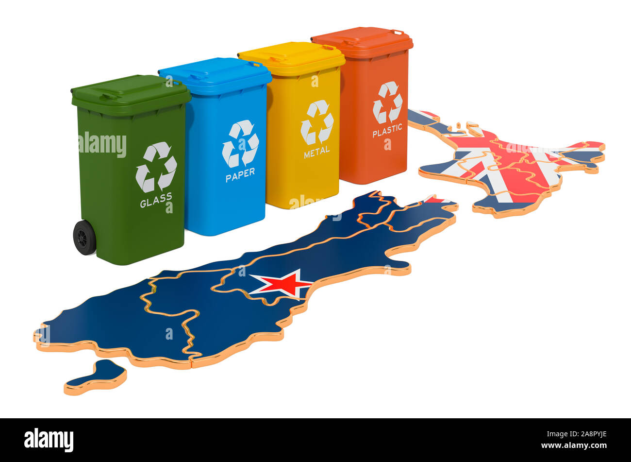 Recycling von Abfällen in Neuseeland. Farbige Mülltonnen auf der Karte von Neuseeland, 3D-Rendering auf weißem Hintergrund Stockfoto