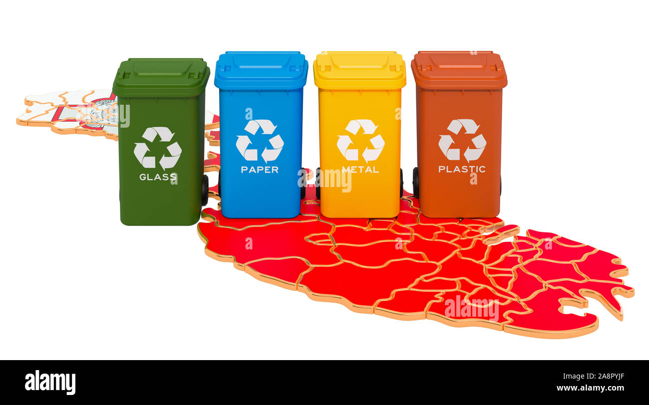 Recycling von Abfällen in Malta. Farbige Mülltonnen auf der Karte von Malta, 3D-Rendering auf weißem Hintergrund Stockfoto