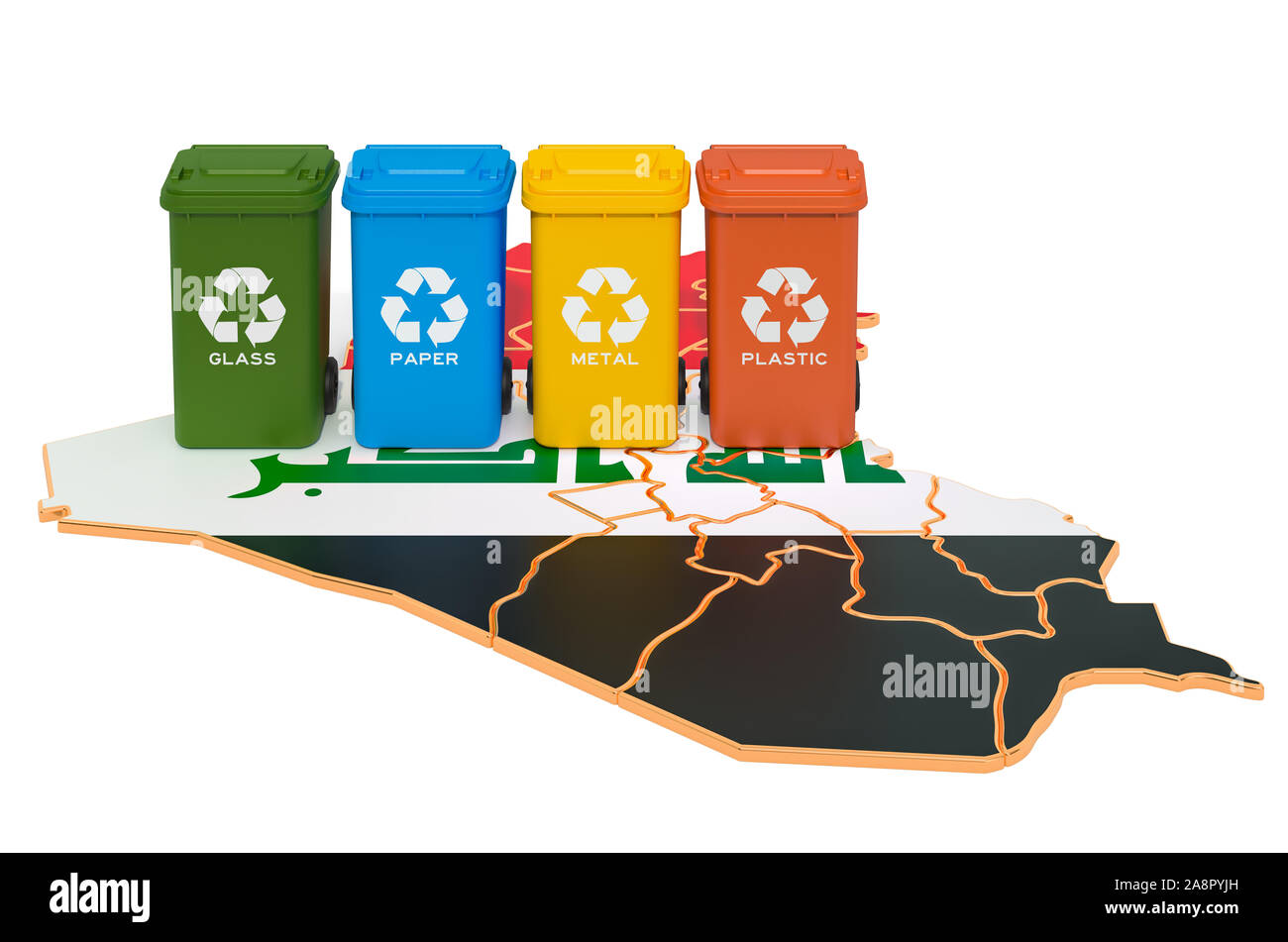 Recycling von Abfällen im Irak. Farbige Mülltonnen auf der Karte des Irak, 3D-Rendering auf weißem Hintergrund Stockfoto