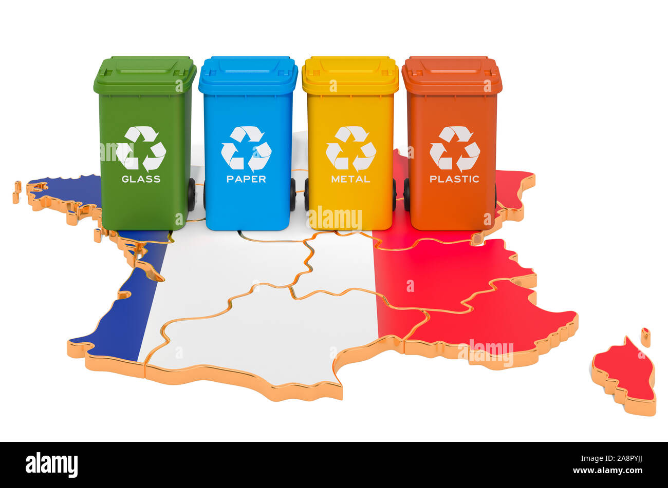 Recycling von Abfällen in Frankreich. Farbige Mülltonnen auf die Karte von Frankreich, 3D-Rendering auf weißem Hintergrund Stockfoto
