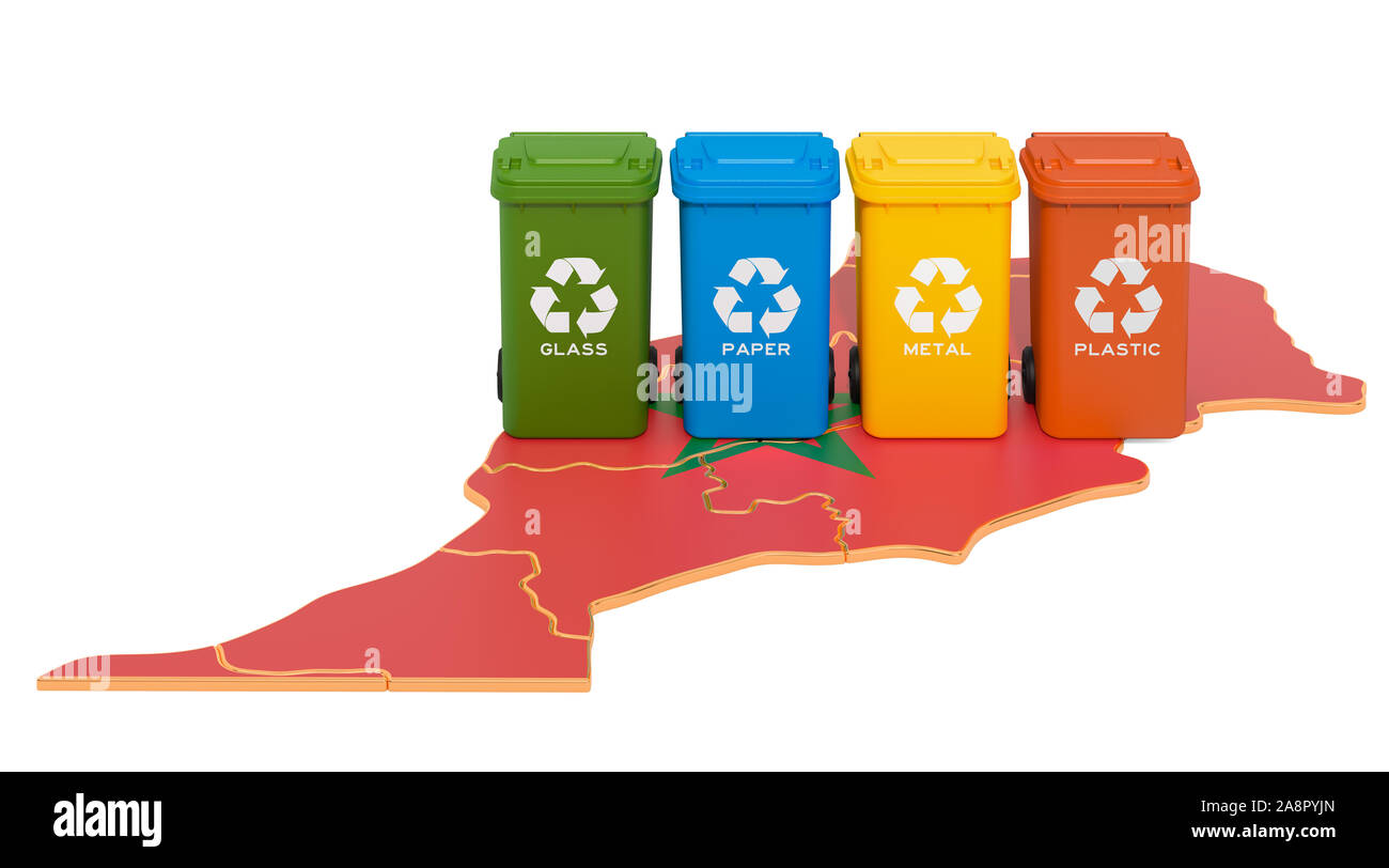 Recycling von Abfällen in Marokko. Farbige Mülltonnen auf der Karte von Marokko, 3D-Rendering auf weißem Hintergrund Stockfoto