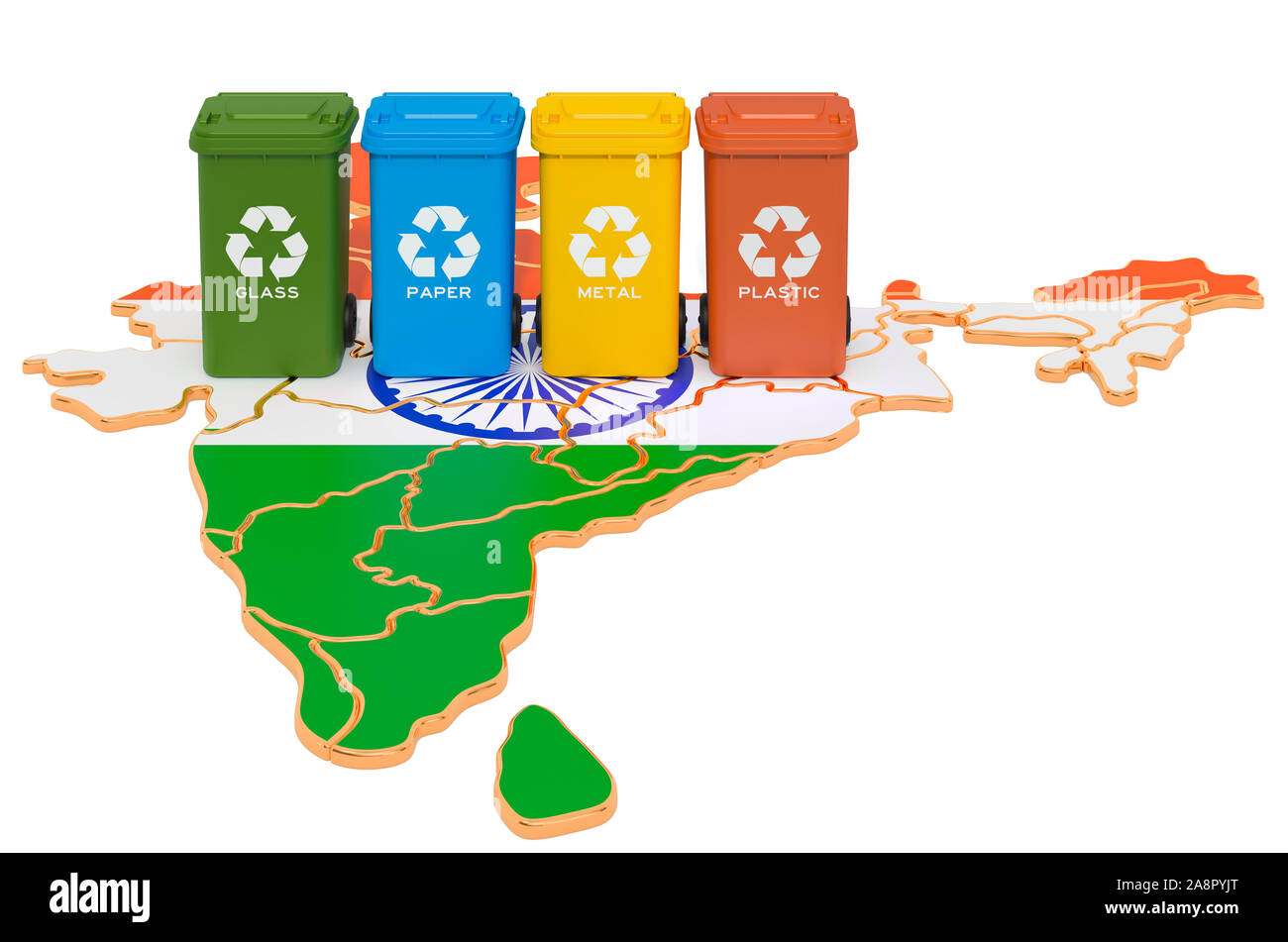 Recycling von Abfällen in Indien. Farbige Mülltonnen auf der Karte von Indien, 3D-Rendering auf weißem Hintergrund Stockfoto