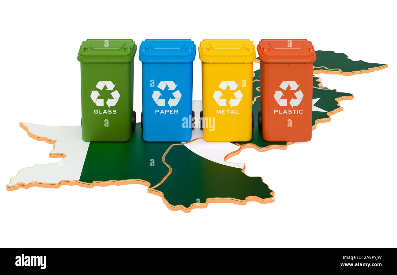 Recycling von Abfällen in Pakistan. Farbige Mülltonnen auf der Karte von Pakistan, 3D-Rendering auf weißem Hintergrund Stockfoto