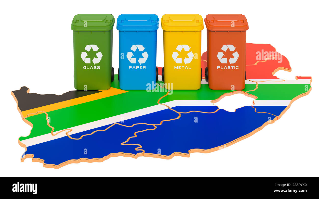 Recycling von Abfällen in Südafrika. Farbige Mülltonnen auf der Karte von Südafrika, 3D-Rendering auf weißem Hintergrund Stockfoto