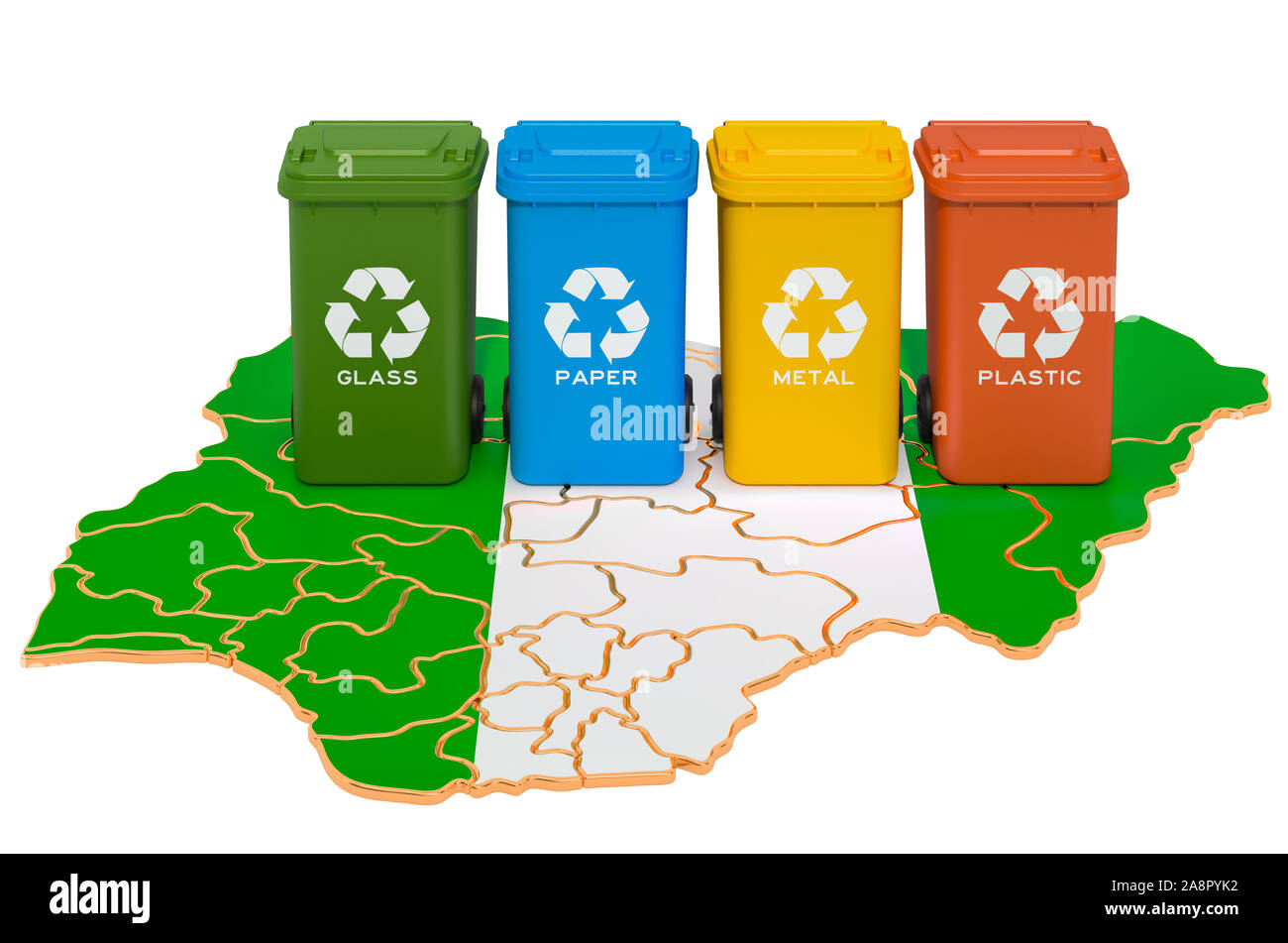 Recycling von Abfällen in Nigeria. Farbige Mülltonnen auf der Karte von Nigeria, 3D-Rendering auf weißem Hintergrund Stockfoto