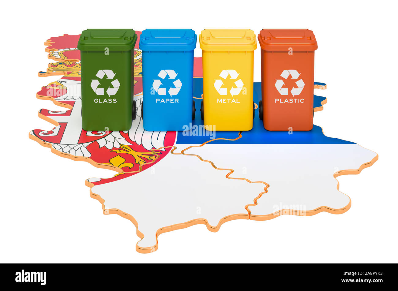 Recycling von Abfällen in Serbien. Farbige Mülltonnen auf der Karte von Serbien, 3D-Rendering auf weißem Hintergrund Stockfoto