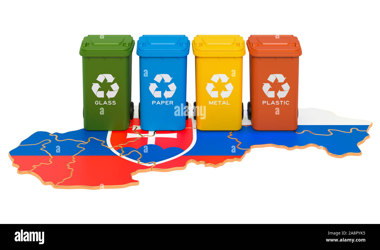 Recycling von Abfällen in der Slowakei. Farbige Mülltonnen auf der Karte der Slowakei, 3D-Rendering auf weißem Hintergrund Stockfoto