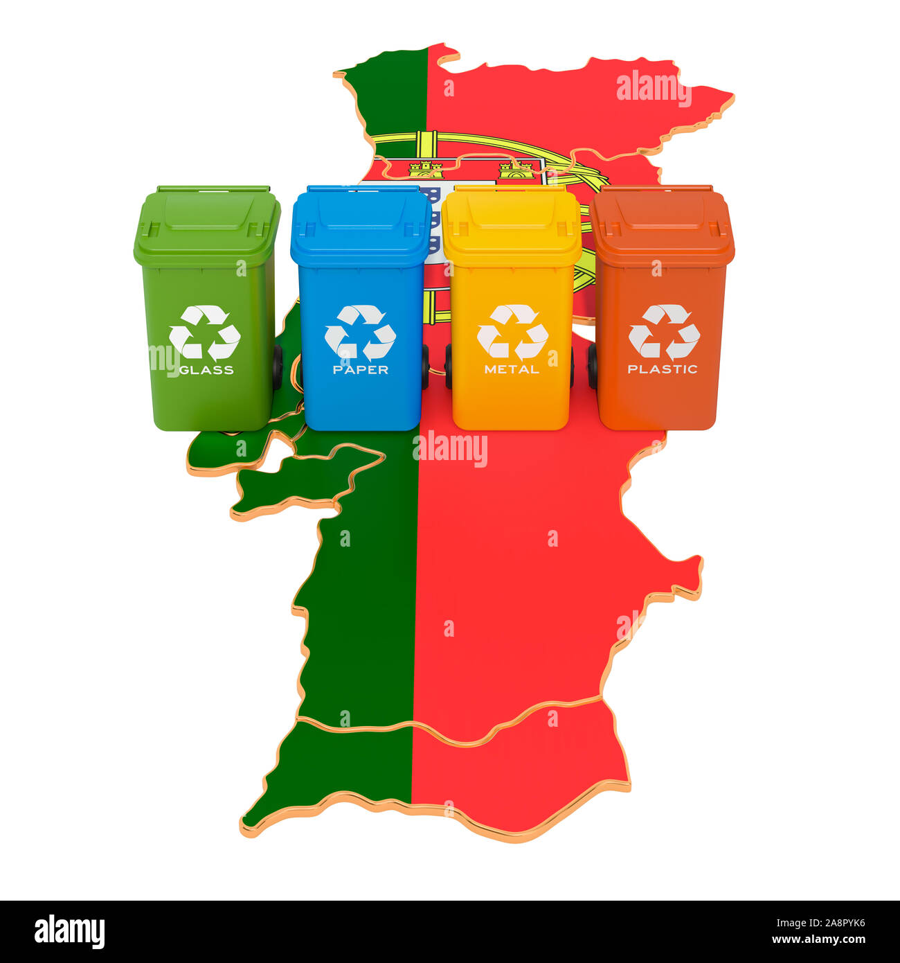 Recycling von Abfällen in Portugal. Farbige Mülltonnen auf der Karte von Portugal, 3D-Rendering auf weißem Hintergrund Stockfoto