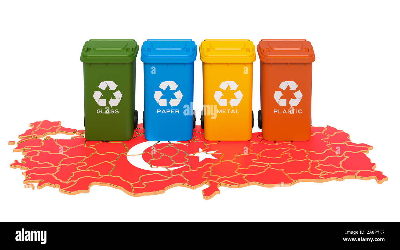 Recycling von Abfällen in der Türkei. Farbige Mülltonnen auf der Karte der Türkei, 3D-Rendering auf weißem Hintergrund Stockfoto
