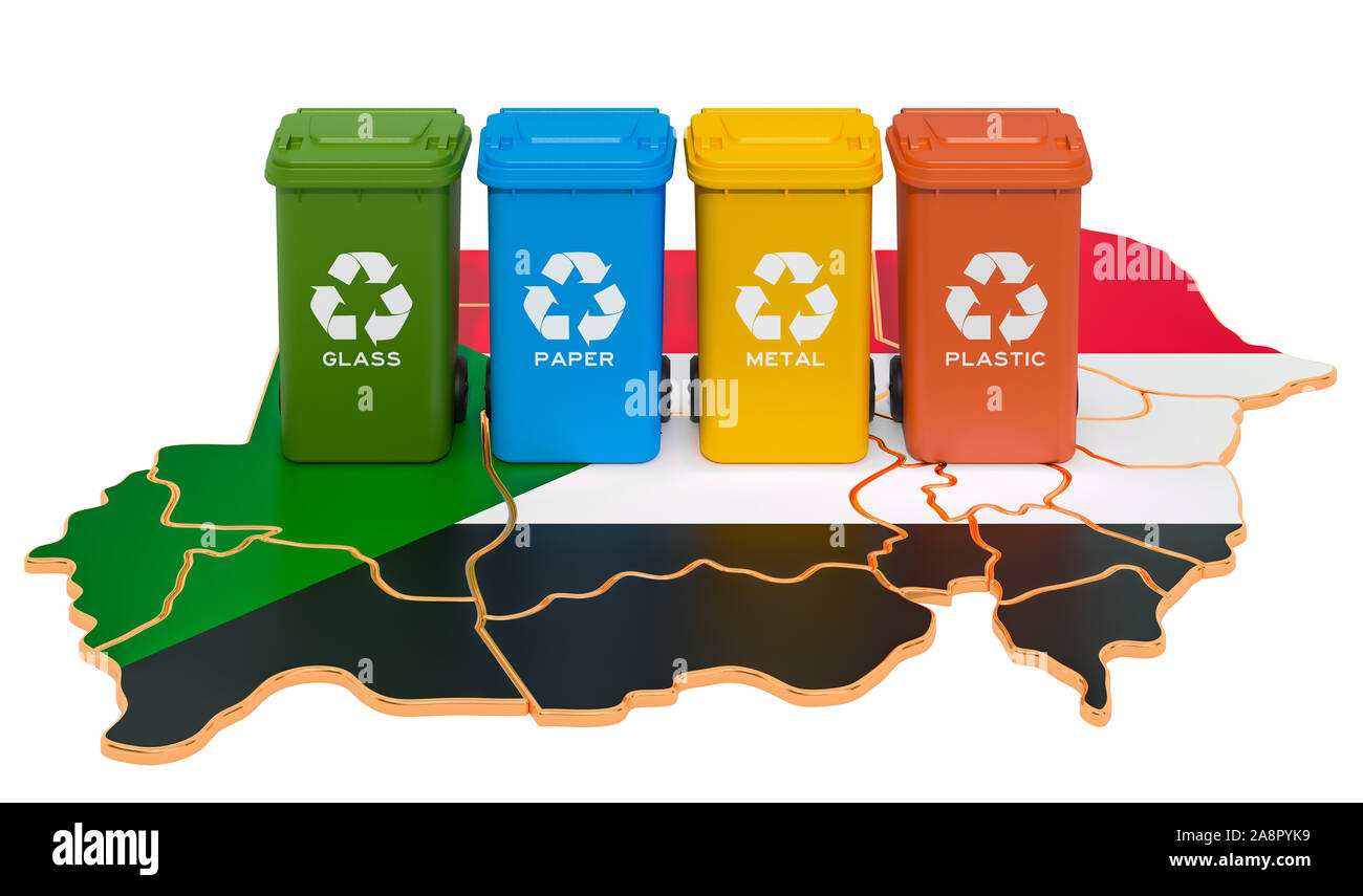 Recycling von Abfällen im Sudan. Farbige Mülltonnen auf der Karte von Sudan, 3D-Rendering auf weißem Hintergrund Stockfoto