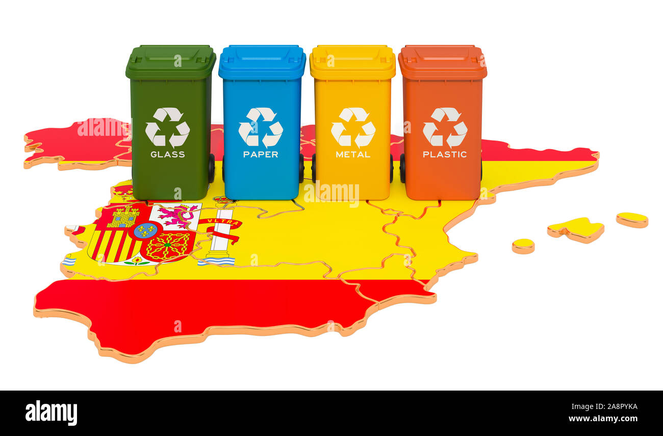 Recycling von Abfällen in Spanien. Farbige Mülltonnen auf der Karte von Spanien, 3D-Rendering auf weißem Hintergrund Stockfoto