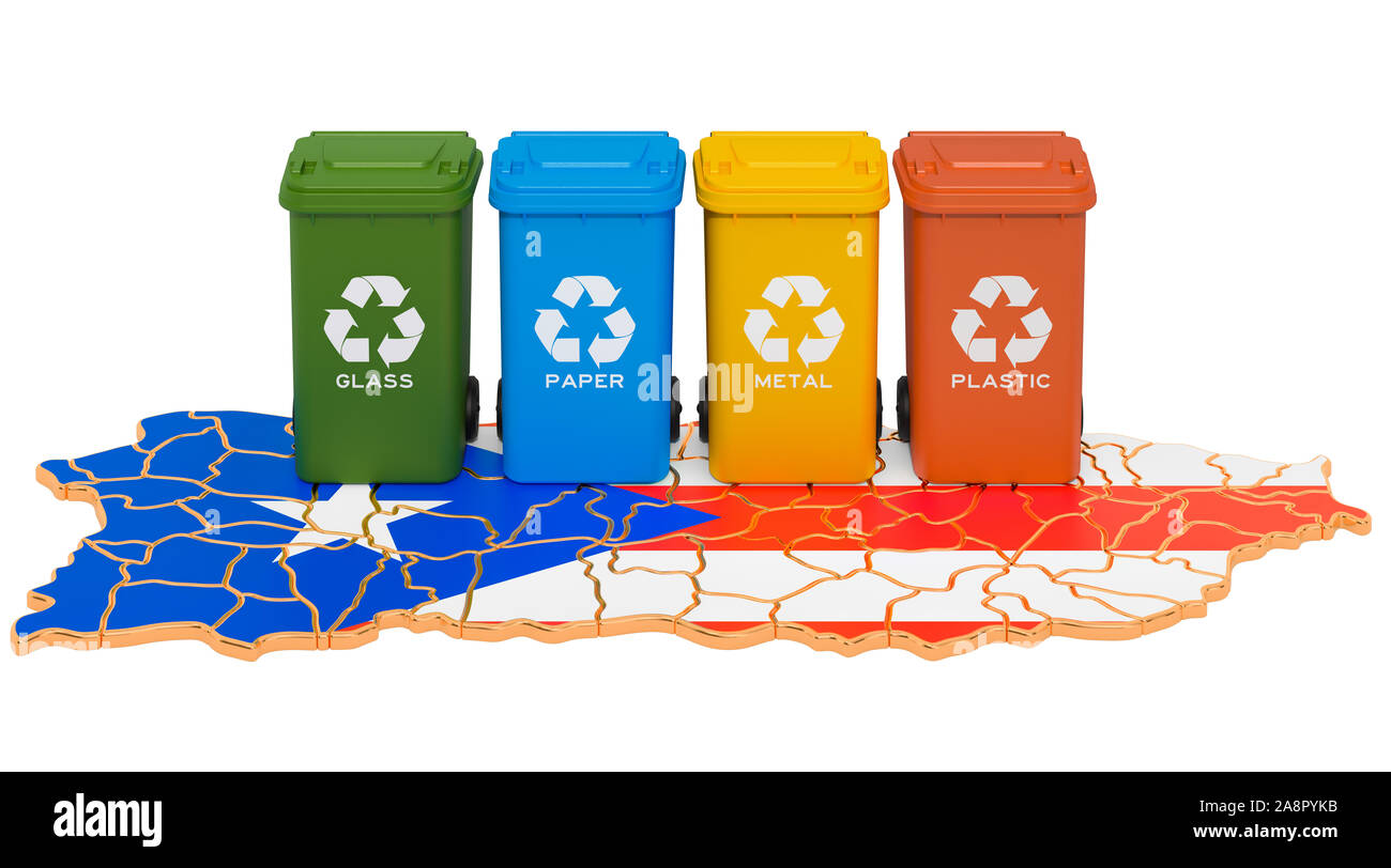 Recycling von Abfällen in Puerto Rico. Farbige Mülltonnen auf der Karte von Puerto Rico, 3D-Rendering auf weißem Hintergrund Stockfoto