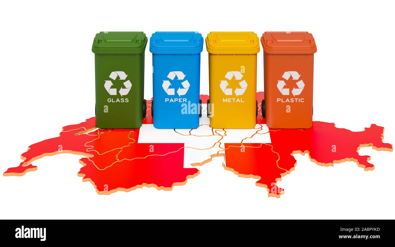 Recycling in der Schweiz. Farbige Mülltonnen der Schweiz auf der Karte, 3D-Rendering auf weißem Hintergrund Stockfoto