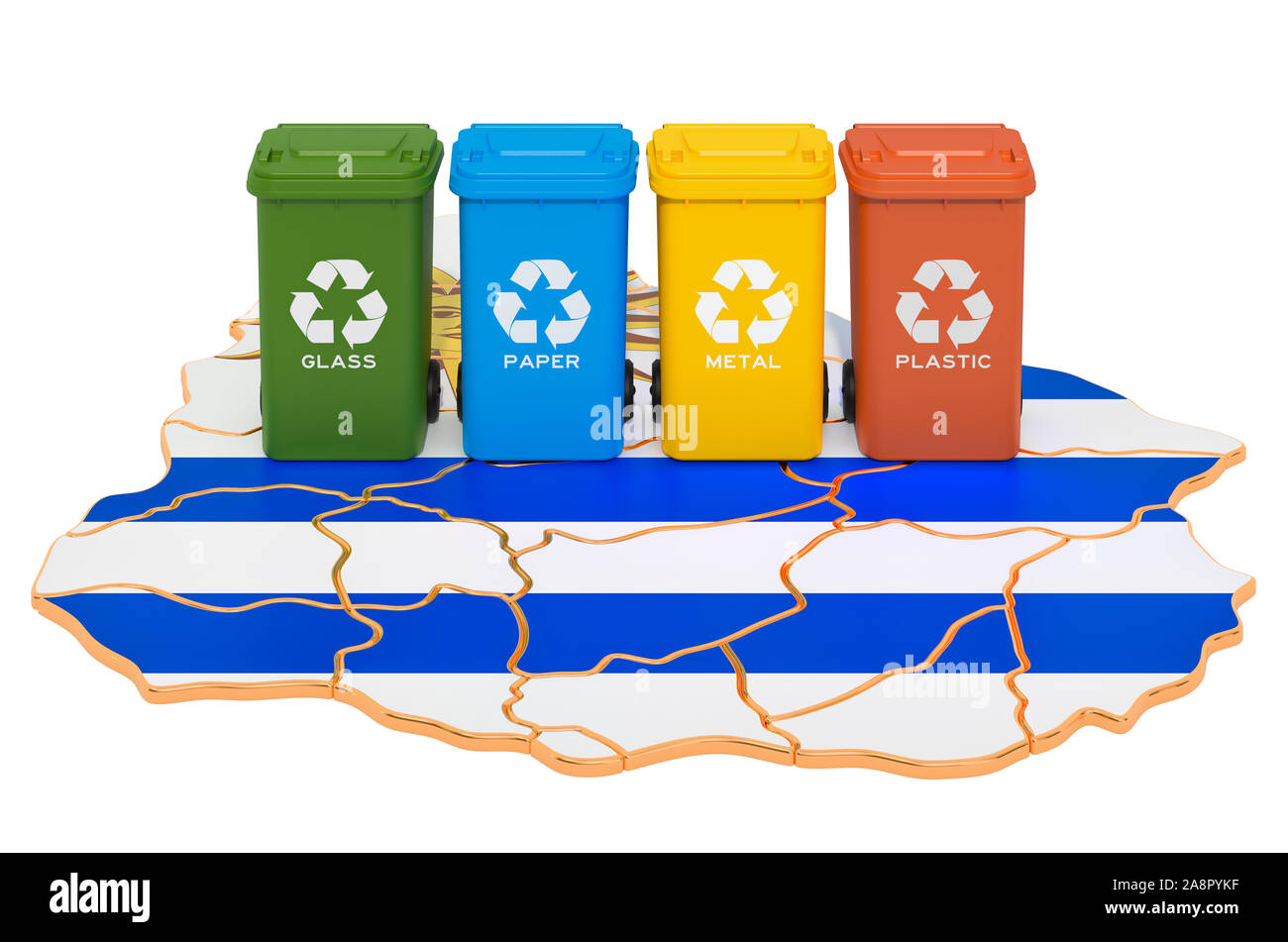 Recycling von Abfällen in Uruguay. Farbige Mülltonnen auf der Karte von Uruguay, 3D-Rendering auf weißem Hintergrund Stockfoto