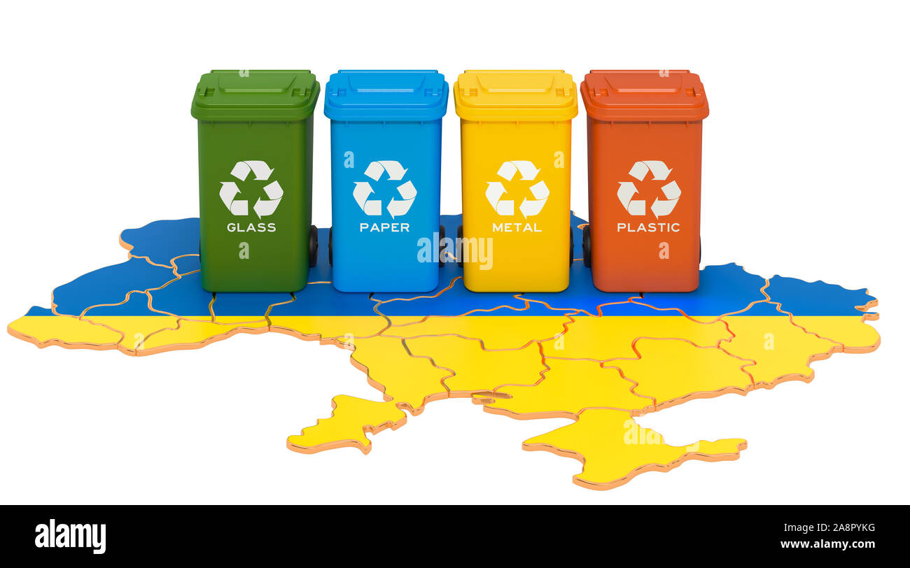 Recycling von Abfällen in der Ukraine. Farbige Mülltonnen auf der Karte der Ukraine, 3D-Rendering auf weißem Hintergrund Stockfoto