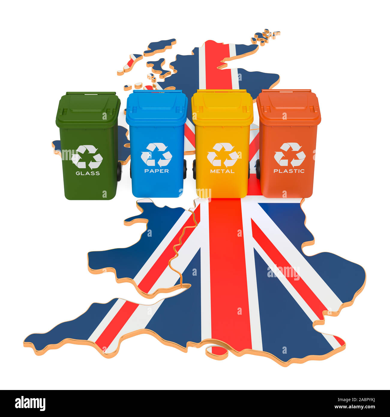 Recycling von Abfällen im Vereinigten Königreich. Farbige Mülltonnen auf der Karte von Großbritannien, 3D-Rendering auf weißem Hintergrund Stockfoto