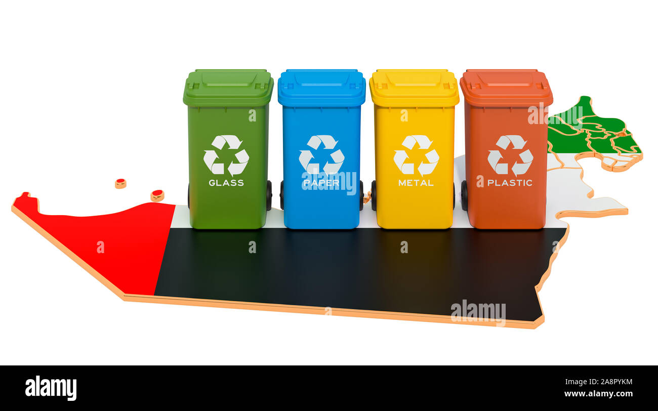 Recycling von Abfällen in den VAE. Farbige Mülltonnen auf der Karte der Vereinigten Arabischen Emirate, 3D-Rendering auf weißem Hintergrund Stockfoto