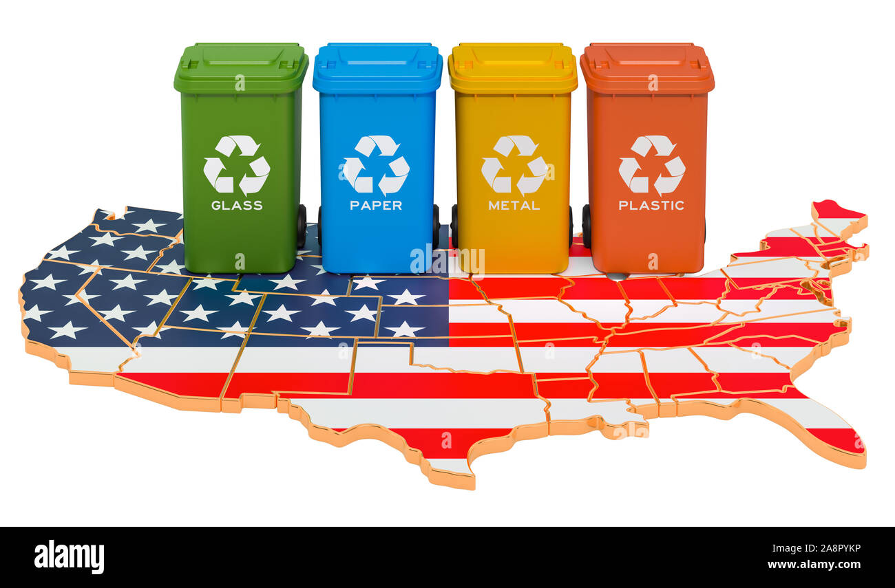 Recycling von Abfällen in den USA. Farbige Mülltonnen auf der Karte der Vereinigten Staaten, 3D-Rendering auf weißem Hintergrund Stockfoto