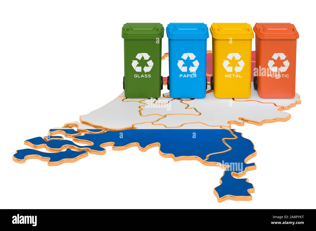 Recycling von Abfällen in den Niederlanden. Farbige Mülltonnen auf der Karte von Holland, 3D-Rendering auf weißem Hintergrund Stockfoto