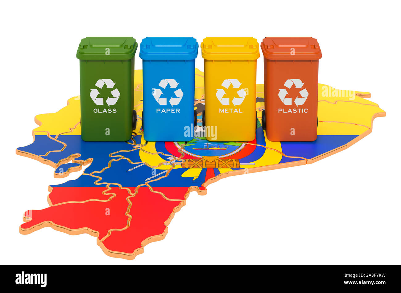 Recycling von Abfällen in Venezuela. Farbige Mülltonnen auf der Karte von Venezuela, 3D-Rendering auf weißem Hintergrund Stockfoto