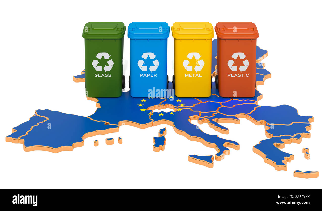 Recycling von Abfällen in der Europäischen Union. Farbige Mülltonnen auf der Landkarte der Union, 3D-Rendering auf weißem Hintergrund Stockfoto