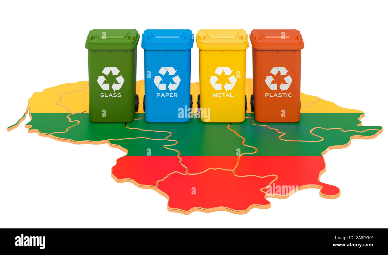 Recycling von Abfällen in Litauen. Farbige Mülltonnen auf der Karte von Litauen, 3D-Rendering auf weißem Hintergrund Stockfoto
