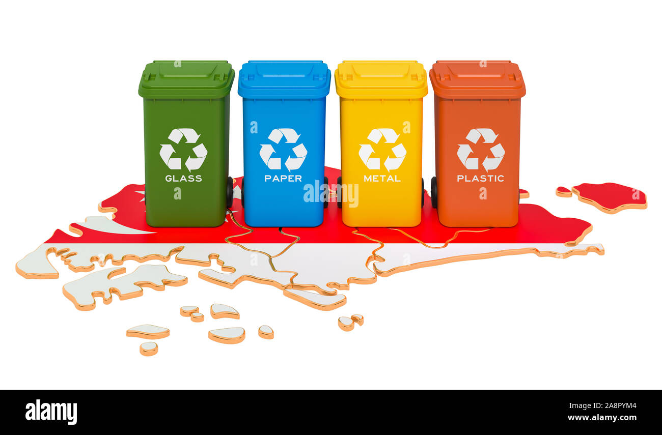 Recycling von Abfällen in Singapur. Farbige Mülltonnen auf der Karte von Singapur, 3D-Rendering auf weißem Hintergrund Stockfoto