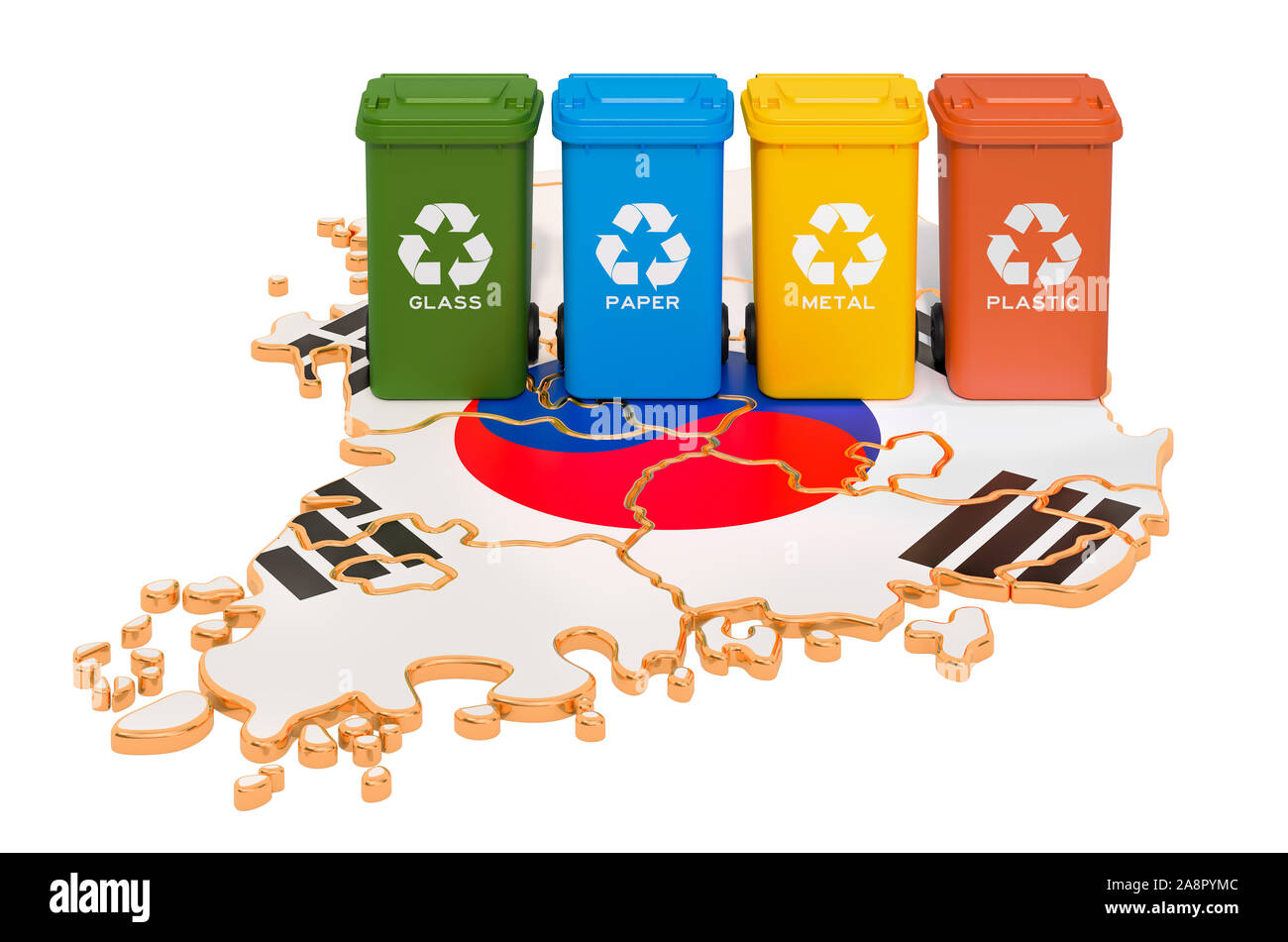 Recycling von Abfällen in Südkorea. Farbige Mülltonnen auf der Karte von Südkorea, 3D-Rendering auf weißem Hintergrund Stockfoto