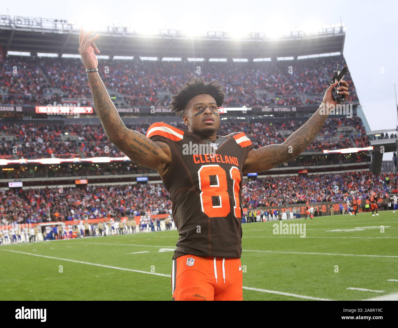 Cleveland, USA. 10 Nov, 2019. Cleveland Browns Rashard Higgins (81), feiert seinen Touchdown gegen die Buffalo Bill an FirstEnergy Stadion in Cleveland, Ohio am Sonntag, 10. November 2019. Foto von Aaron Josefczyk/UPI Quelle: UPI/Alamy leben Nachrichten Stockfoto