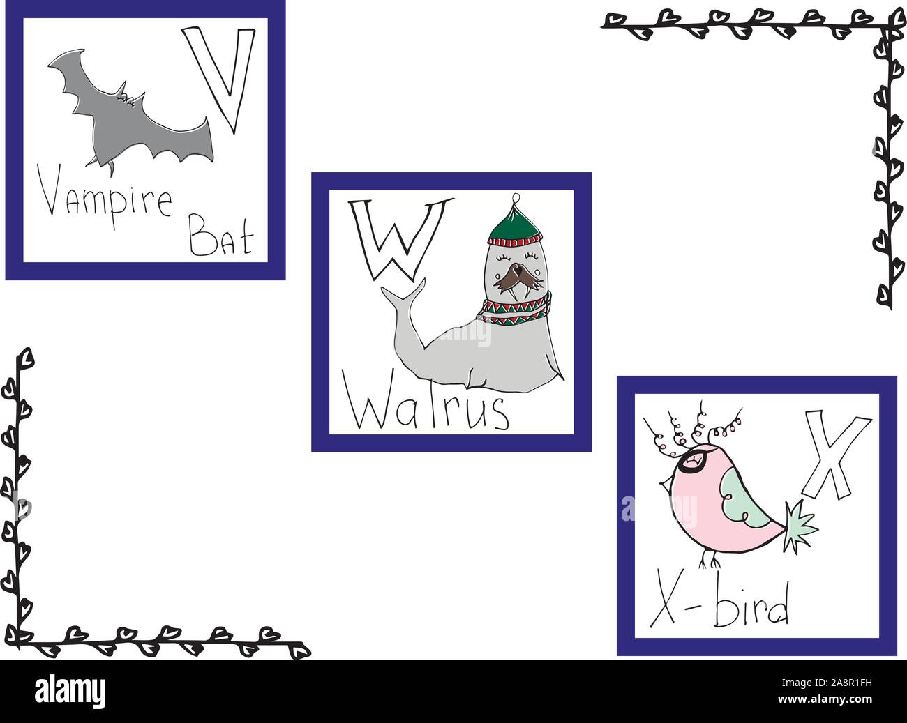 Handgezeichneten Alphabet, Schriftart, Briefe. Doodle ABC für Kinder mit Niedlichen Tier Zeichen. Vector Illustration, auf weißem Hintergrund. Stock Vektor