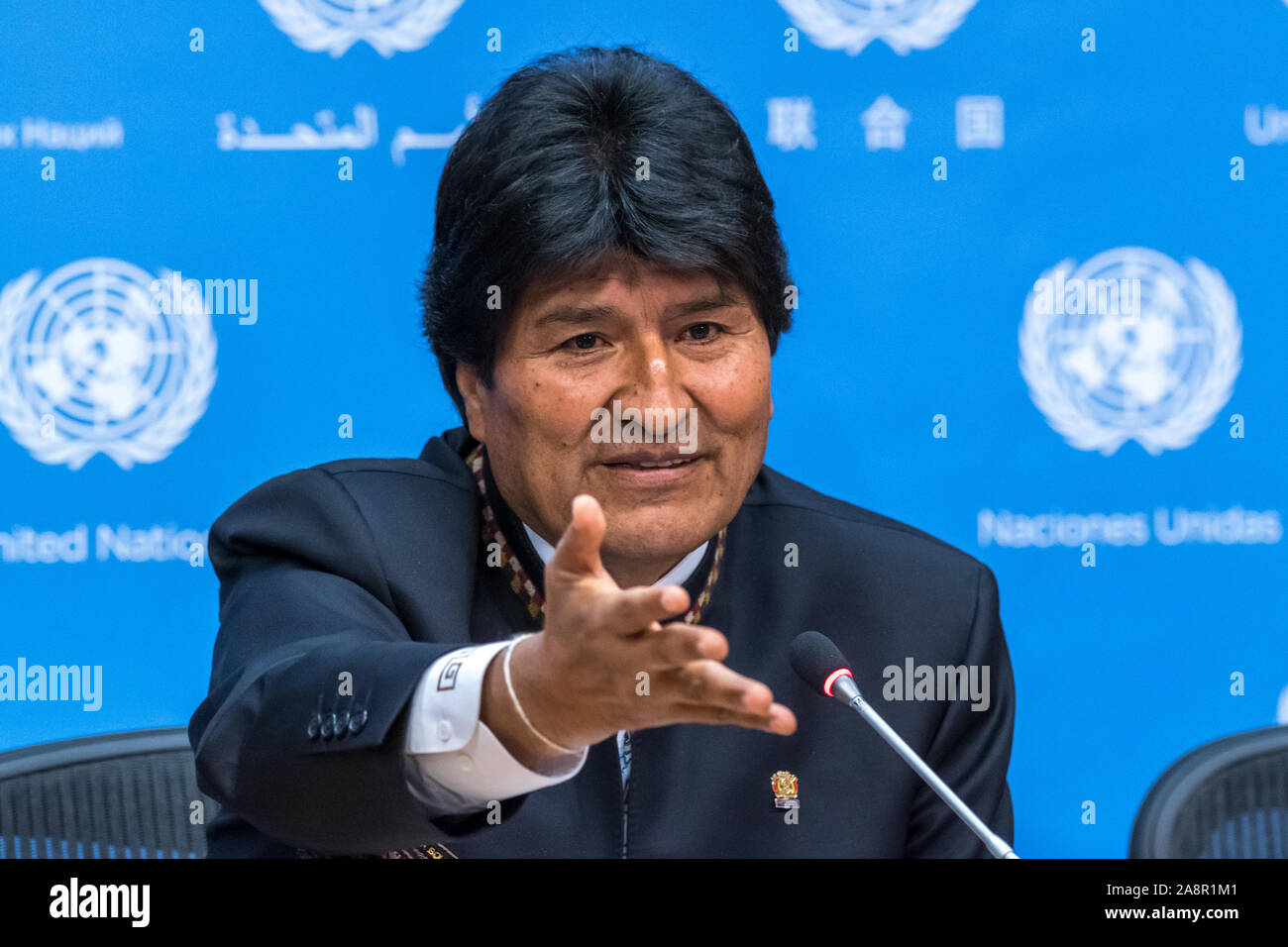 New York, USA, 22. September 2016. Bolivianische Präsident Evo Morales trat am 10. November 2019 Nach der militärischen heißt für ihn, dies zu tun und die Verbündeten verlassen ihn nach einer umstrittenen Wahl. Morales ist auf einer Pressekonferenz gesehen während der Teilnahme an der Generalversammlung der Vereinten Nationen in New York City im Jahr 2016. Credit: Enrique Ufer/Alamy Stock Foto Stockfoto