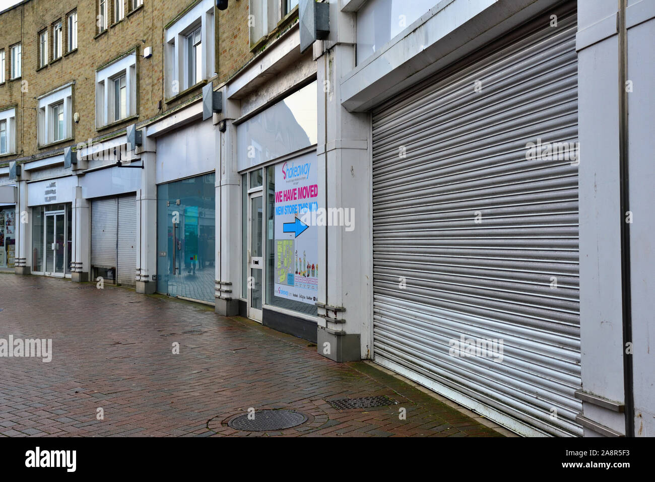 Leere Läden in Poole, Dorset, worin die Probleme, die durch den Einzelhandel in 2019 konfrontiert. Stockfoto