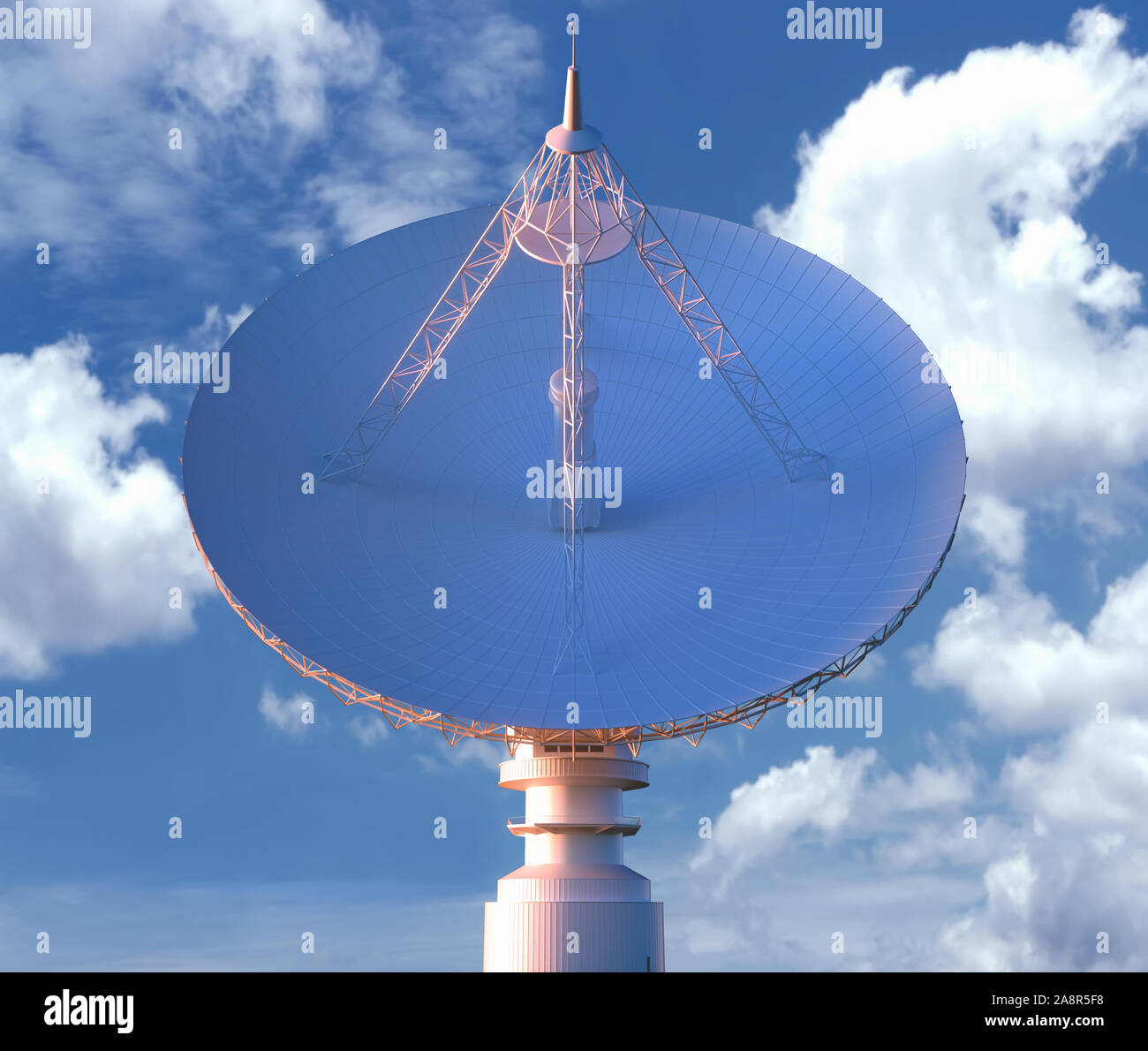 Riesige Satellitenantenne Teller für Kommunikation und Empfang des Signals aus dem Planeten Erde. Beschneidungspfad enthalten. 3D-Darstellung. Stockfoto