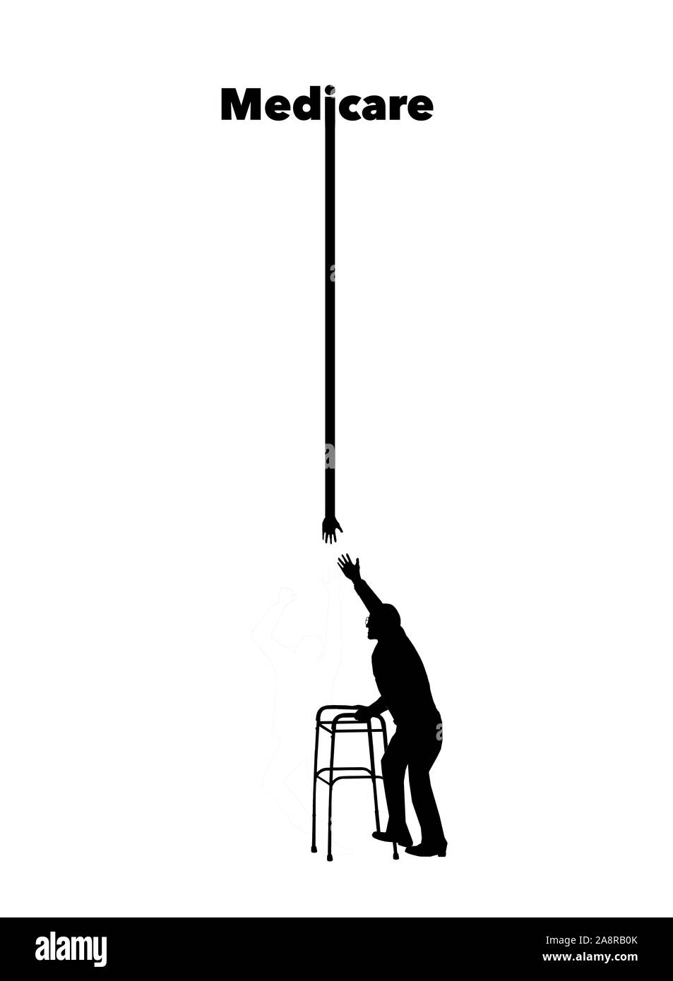 Eine Silhouette ältere Abbildung mit einem Walker erreicht für Hilfe und eine Hand reicht von der Text "Medicare". Das Thema ist Medicare ist es zu p Hilfe Stockfoto