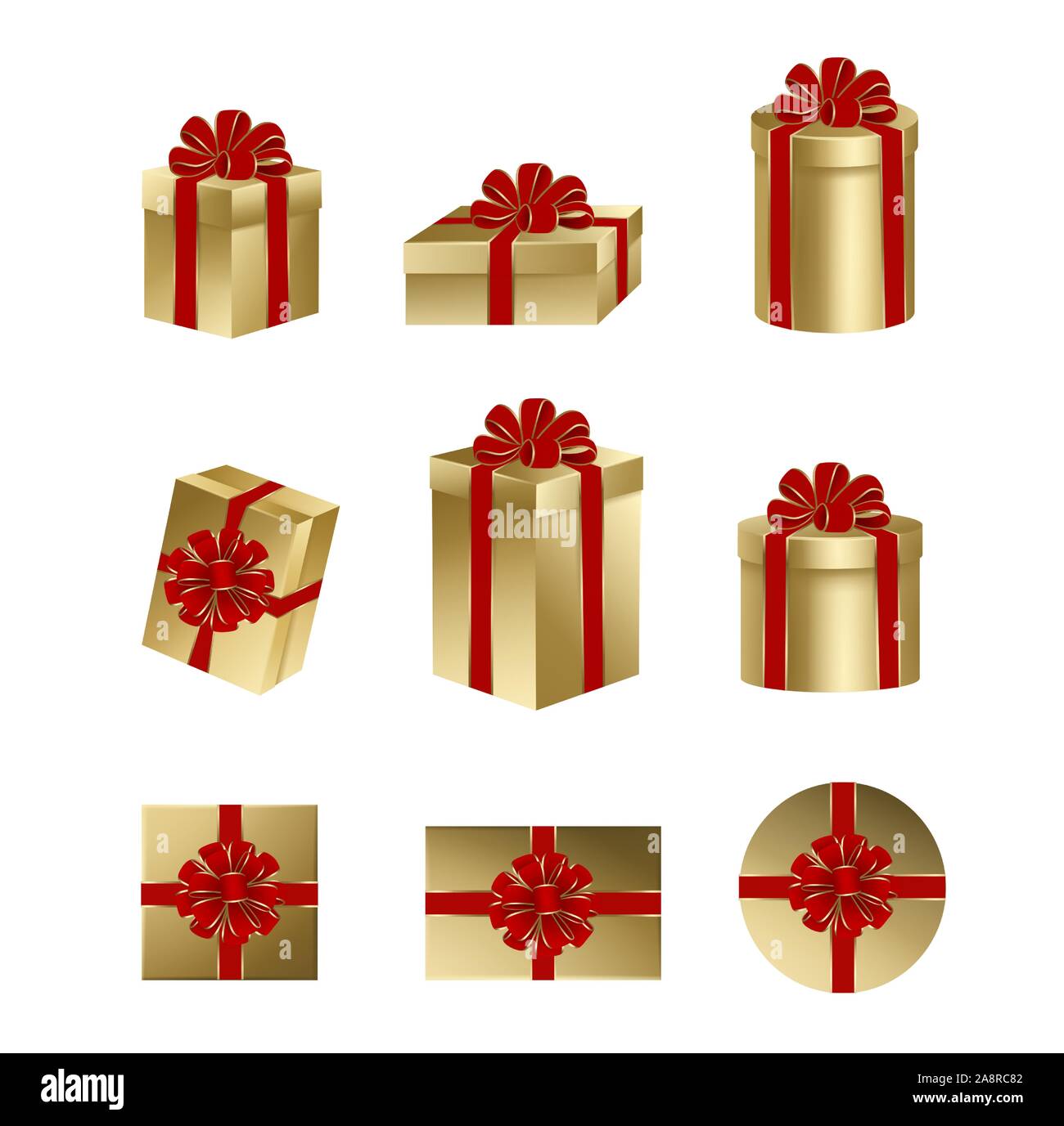 Isolierte gold Geschenkboxen mit roter Schleife und Farbband für Weihnachten und Geburtstag Dekorationen eingestellt Stock Vektor